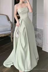 Cute A line Strapless Long Length Mint Green Prom Dresses Satin Birthday Dress